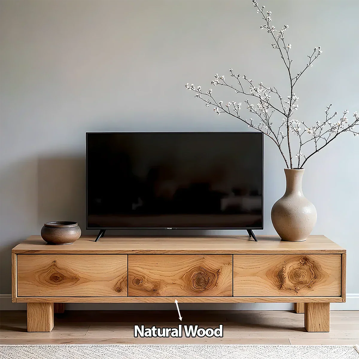 Solid Wood TV Stand – Minimalist Wabi Sabi Media Console with Natural Finish - Rustirawood