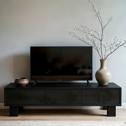 Solid Wood TV Stand – Minimalist Wabi Sabi Media Console with Natural Finish - Rustirawood