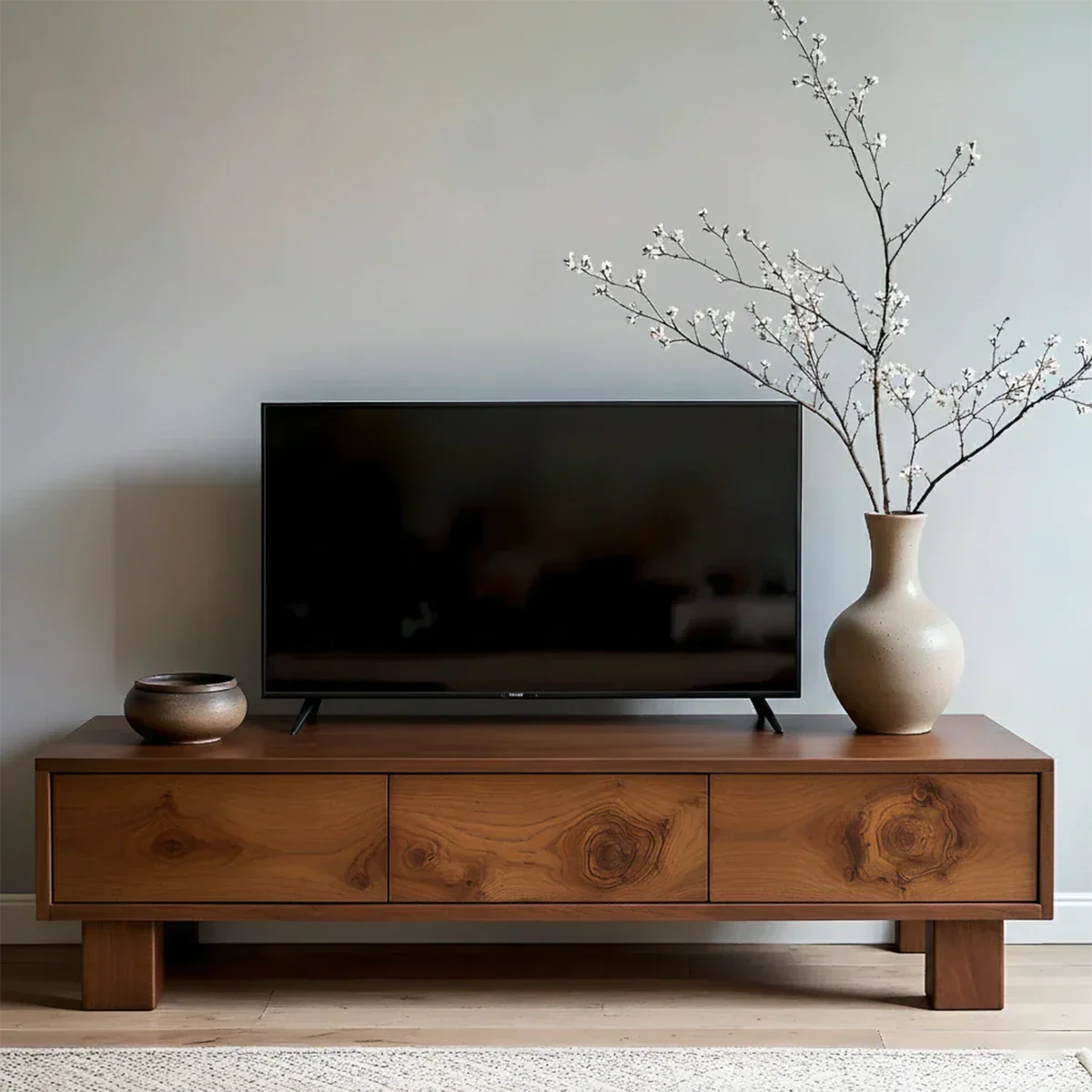 Solid Wood TV Stand – Minimalist Wabi Sabi Media Console with Natural Finish - Rustirawood