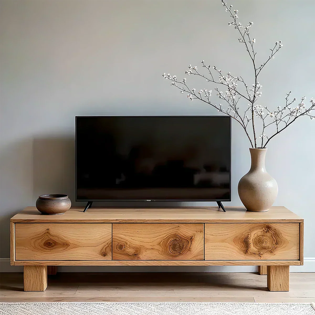 Solid Wood TV Stand – Minimalist Wabi Sabi Media Console with Natural Finish - Woodenecho