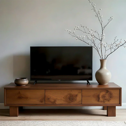 Solid Wood TV Stand – Minimalist Wabi Sabi Media Console with Natural Finish - Woodenecho