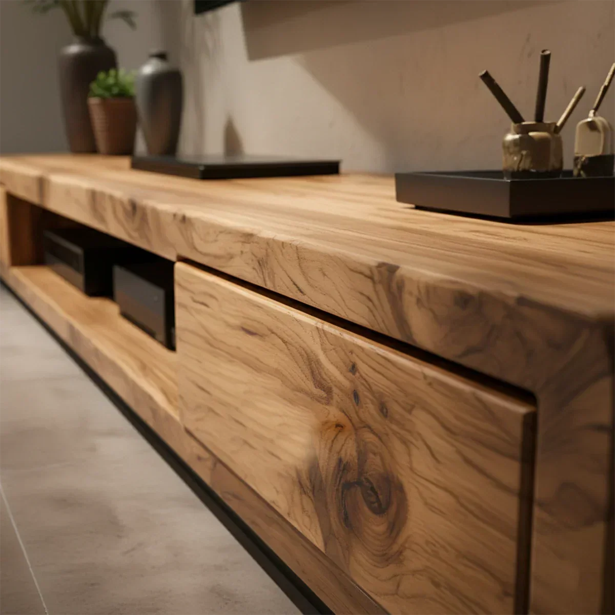 Solid Wood TV Stand – Modern Architectural Block Design - Rustirawood