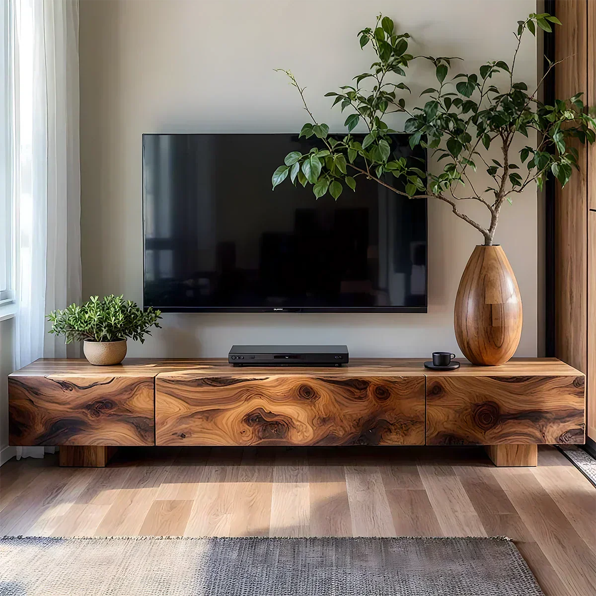 Solid Wood TV Stand – Natural Finish Wabi Sabi Media Console with Deep Grain Texture - Woodenecho