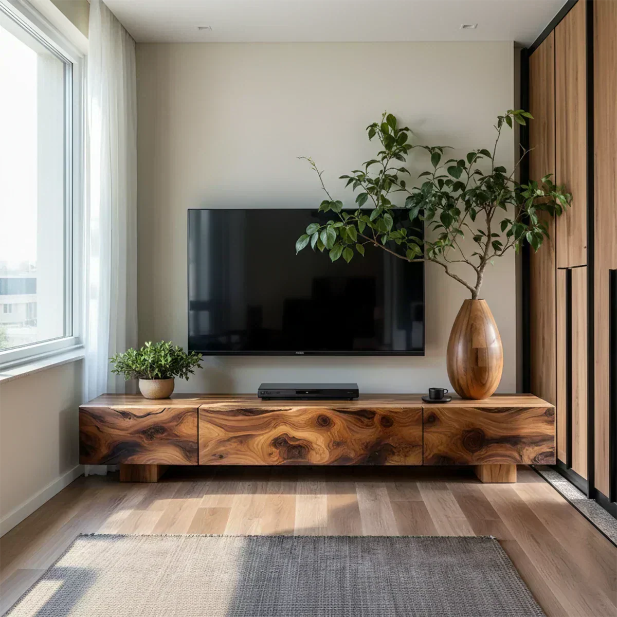 Solid Wood TV Stand – Natural Finish Wabi Sabi Media Console with Deep Grain Texture - Woodenecho