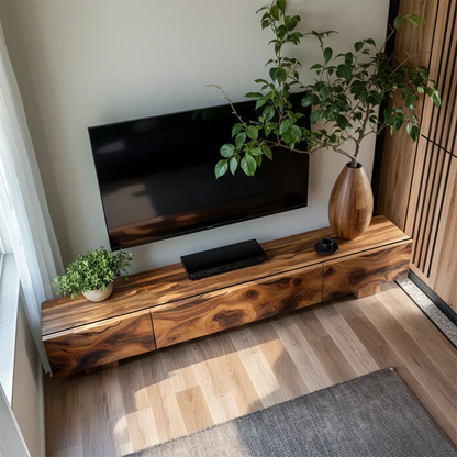 Solid Wood TV Stand – Natural Finish Wabi Sabi Media Console with Deep Grain Texture - Woodenecho