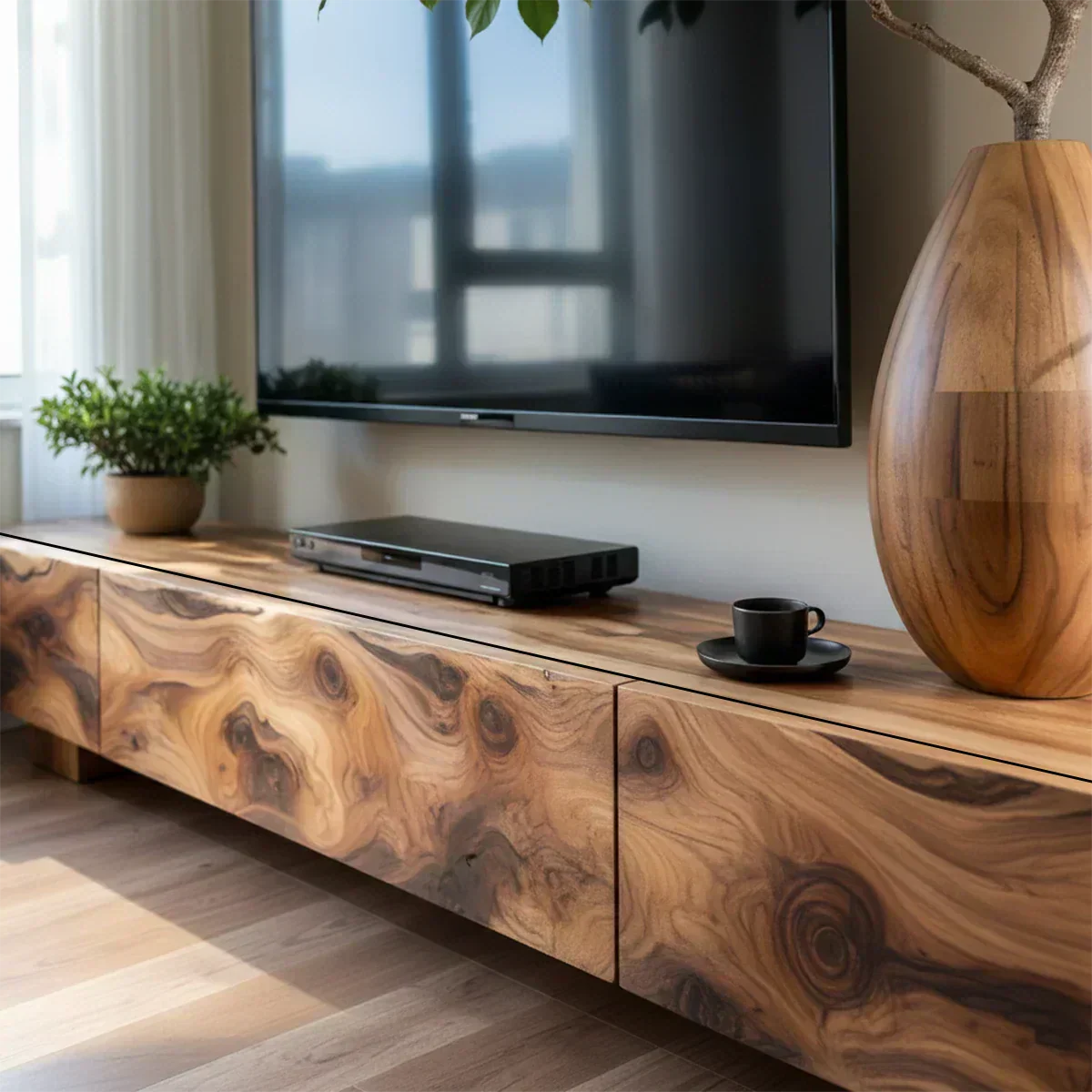 Solid Wood TV Stand – Natural Finish Wabi Sabi Media Console with Deep Grain Texture - Woodenecho
