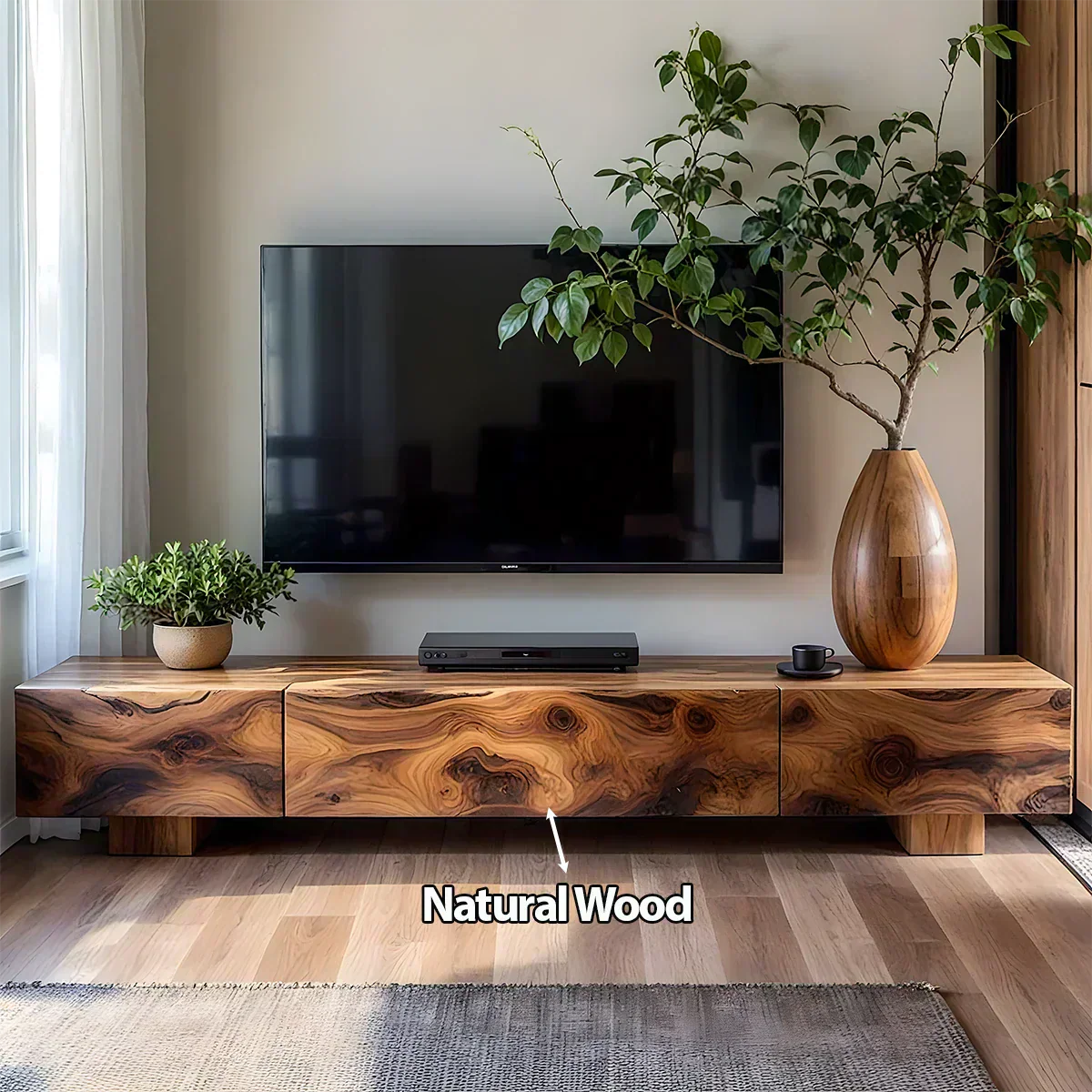 Solid Wood TV Stand – Natural Finish Wabi Sabi Media Console with Deep Grain Texture - Woodenecho