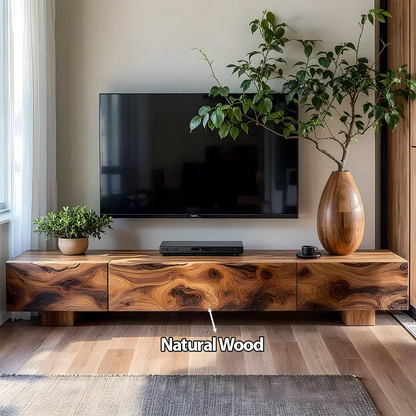 Solid Wood TV Stand – Natural Finish Wabi Sabi Media Console with Deep Grain Texture - Woodenecho