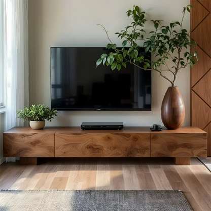 Solid Wood TV Stand – Natural Finish Wabi Sabi Media Console with Deep Grain Texture - Woodenecho