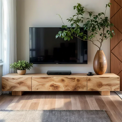 Solid Wood TV Stand – Natural Finish Wabi Sabi Media Console with Deep Grain Texture - Woodenecho