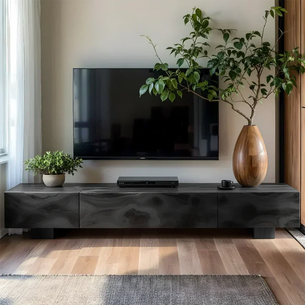 Solid Wood TV Stand – Natural Finish Wabi Sabi Media Console with Deep Grain Texture - Woodenecho