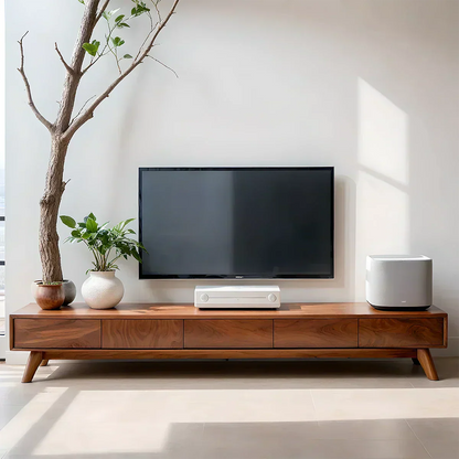 Solid Wood TV Stand – Scandinavian Minimalist Linear Design - Woodenecho