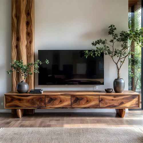 Solid Wood TV Stand – Wabi Sabi Media Console with Deep Natural Grain - Woodenecho