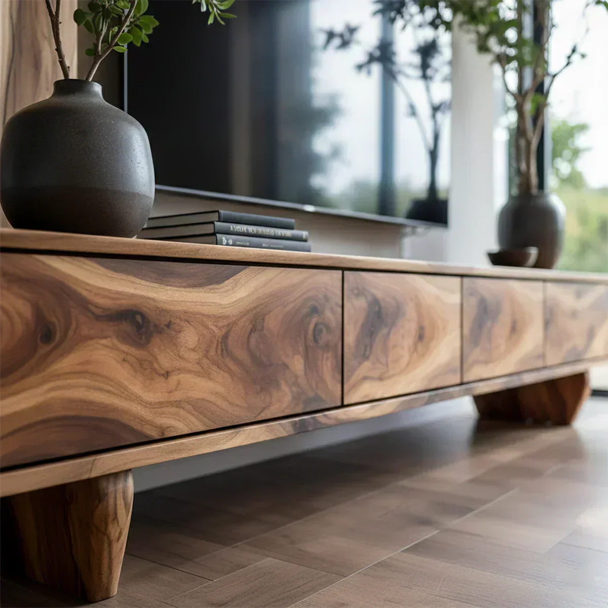 Solid Wood TV Stand – Wabi Sabi Media Console with Deep Natural Grain - Woodenecho