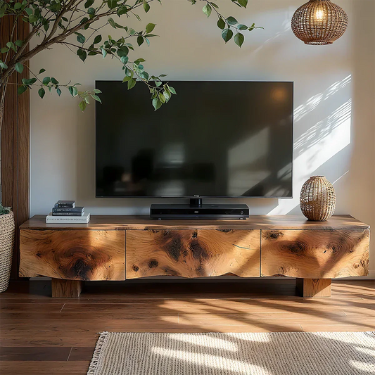 Solid Wood TV Stand – Wabi Sabi Media Console with Knotted Grain - Rustirawood