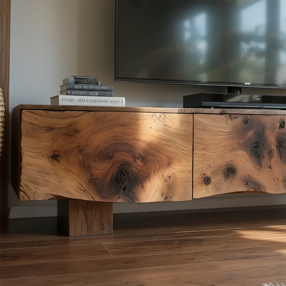 Solid Wood TV Stand – Wabi Sabi Media Console with Knotted Grain - Rustirawood