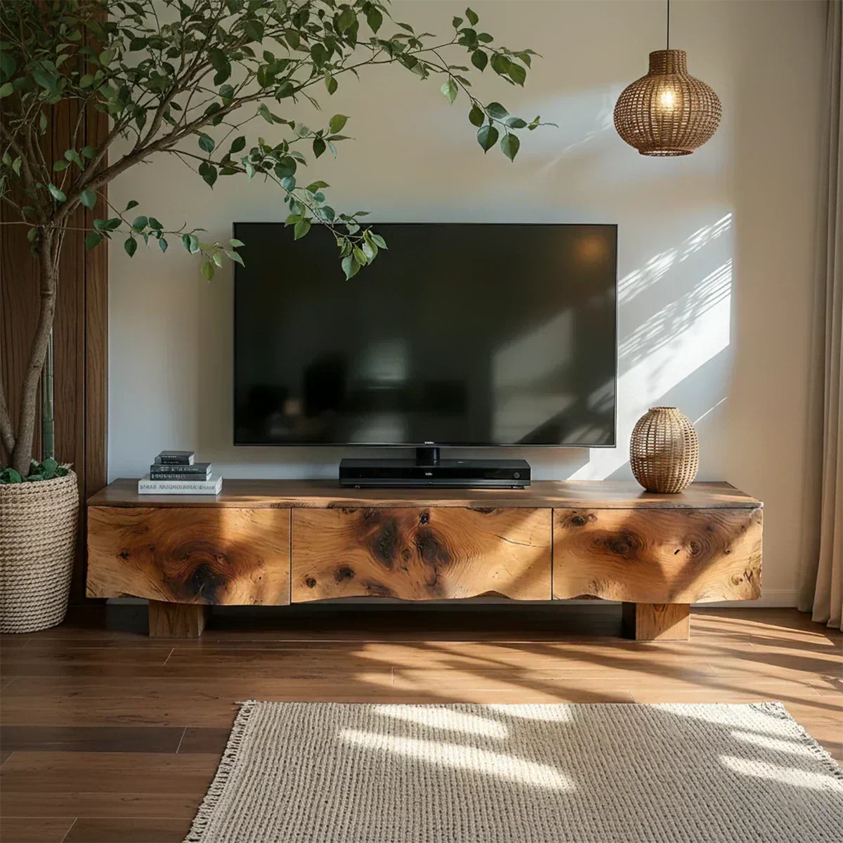 Solid Wood TV Stand – Wabi Sabi Media Console with Knotted Grain - Woodenecho