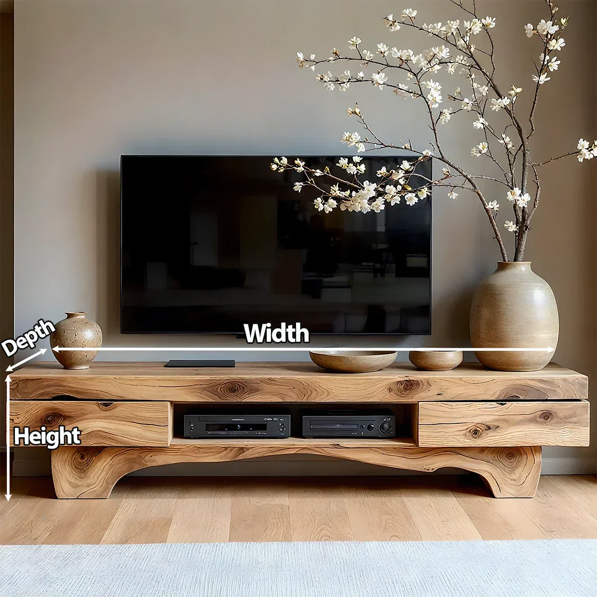 Solid Wood TV Stand – Wabi Sabi Media Console with Natural Finish & Handcrafted Details - Rustirawood