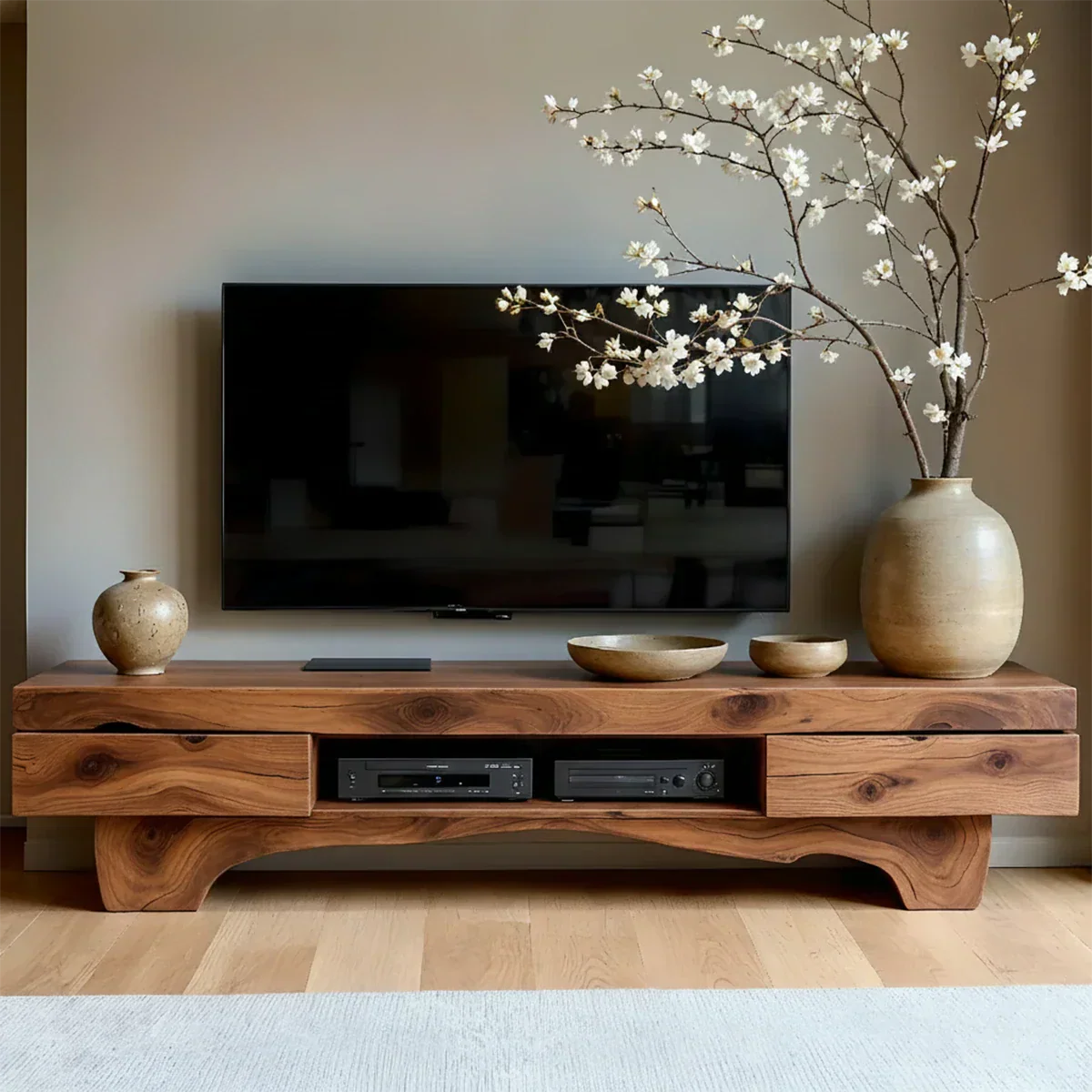 Solid Wood TV Stand – Wabi Sabi Media Console with Natural Finish & Handcrafted Details - Rustirawood