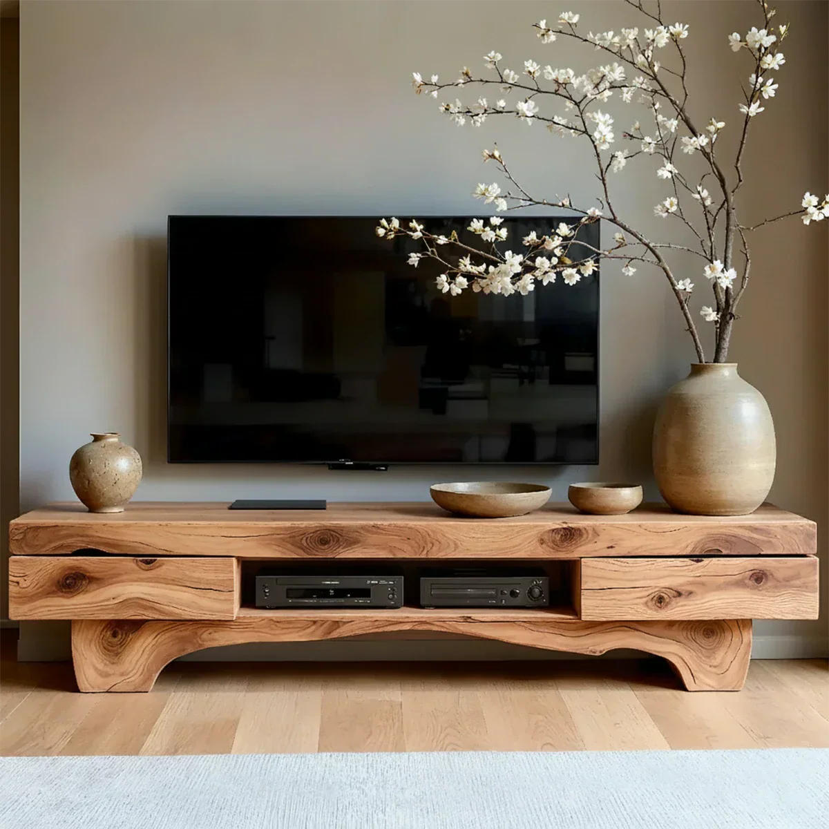 Solid Wood TV Stand – Wabi Sabi Media Console with Natural Finish & Handcrafted Details - Rustirawood