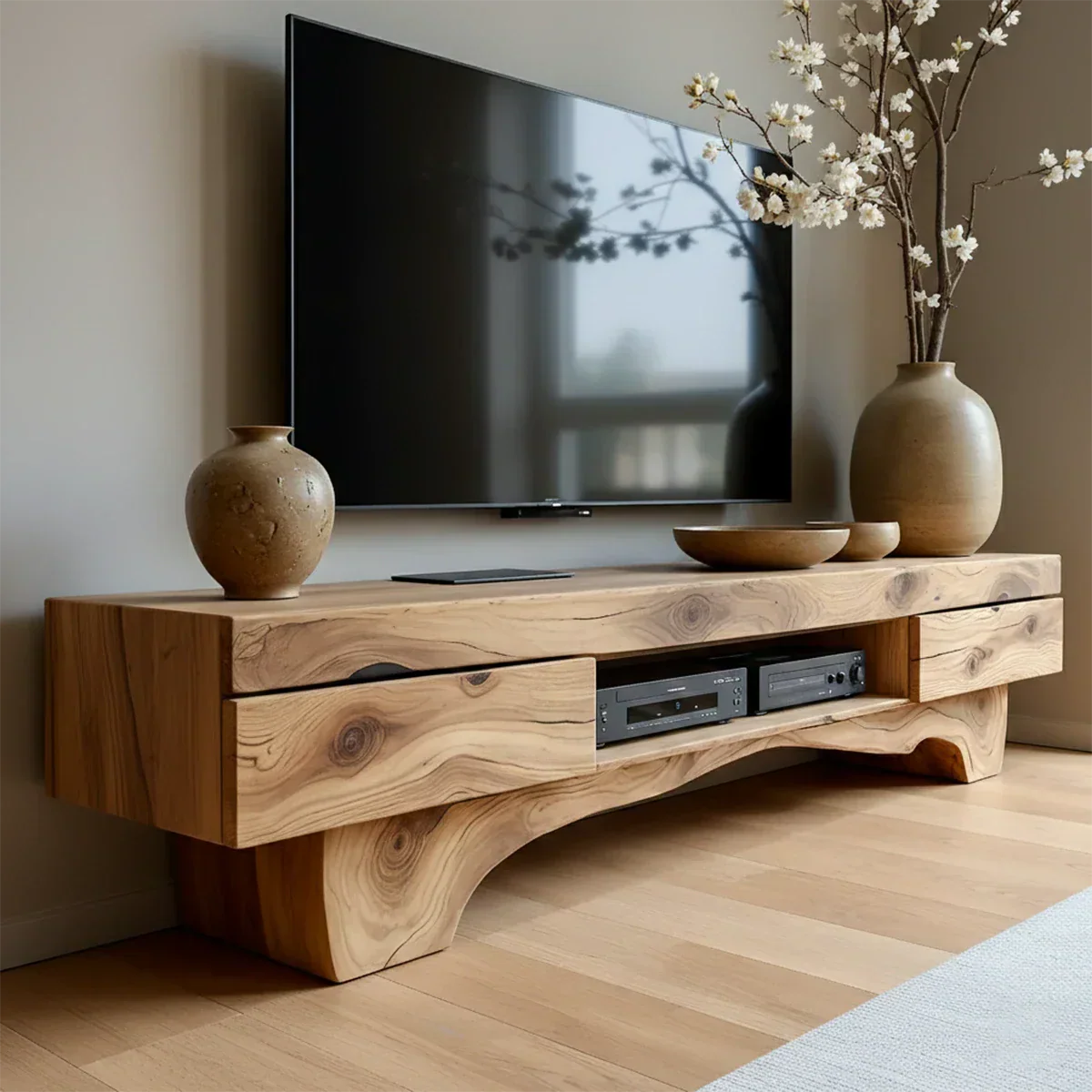 Solid Wood TV Stand – Wabi Sabi Media Console with Natural Finish & Handcrafted Details - Rustirawood