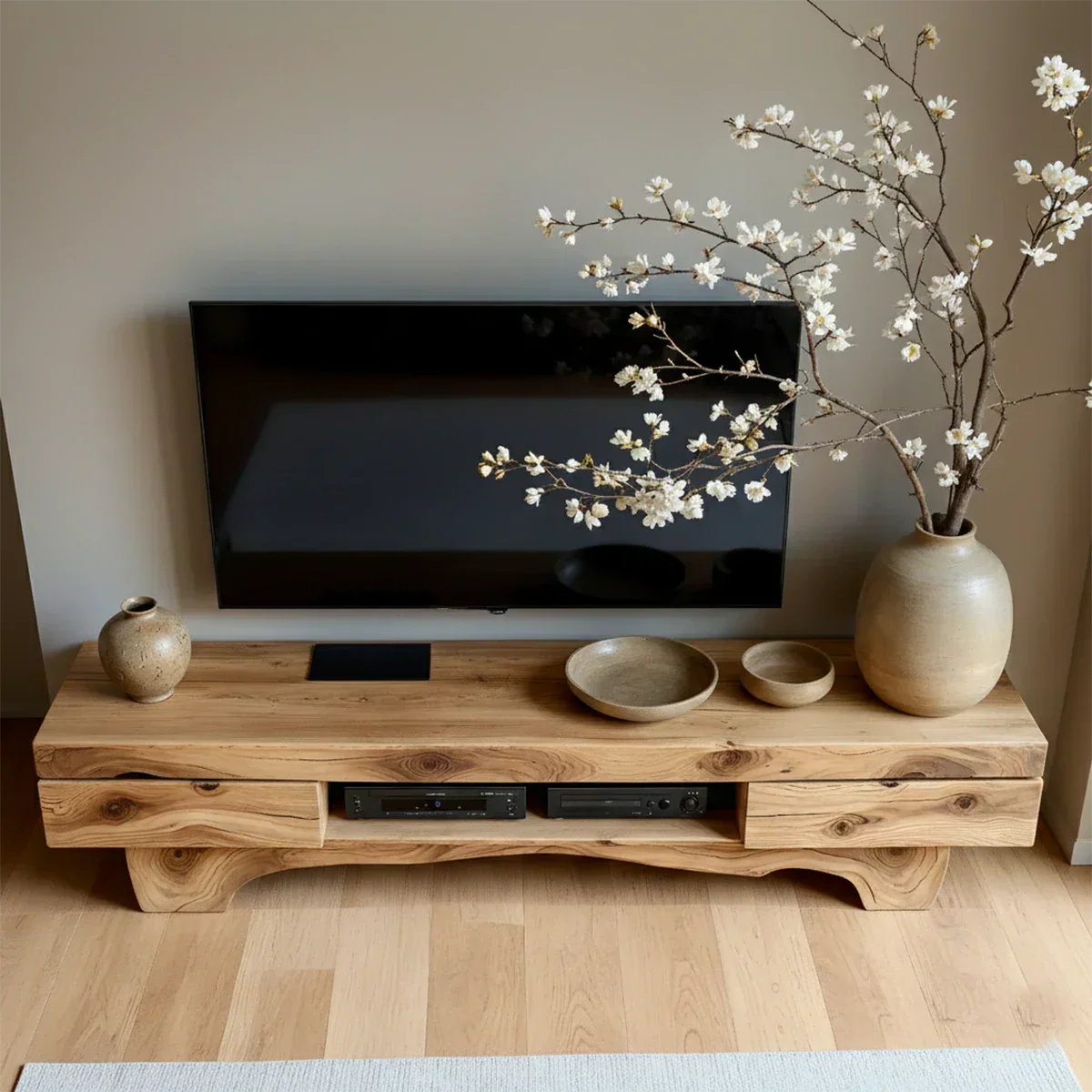 Solid Wood TV Stand – Wabi Sabi Media Console with Natural Finish & Handcrafted Details - Rustirawood