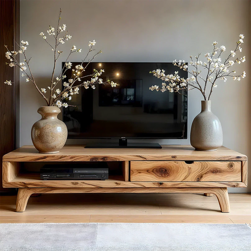 Solid Wood TV Stand – Wabi Sabi Media Console with Warm Natural Grain - Rustirawood