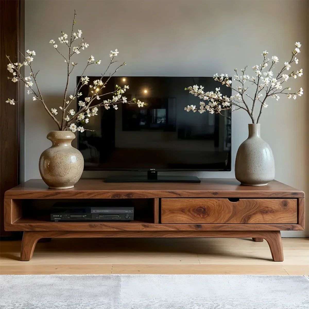Solid Wood TV Stand – Wabi Sabi Media Console with Warm Natural Grain - Rustirawood