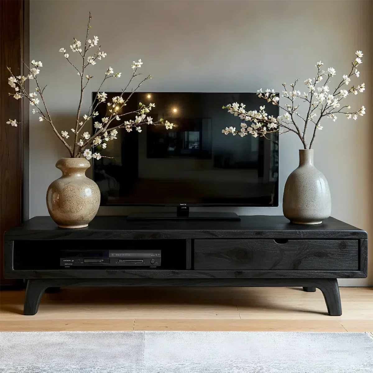 Solid Wood TV Stand – Wabi Sabi Media Console with Warm Natural Grain - Rustirawood