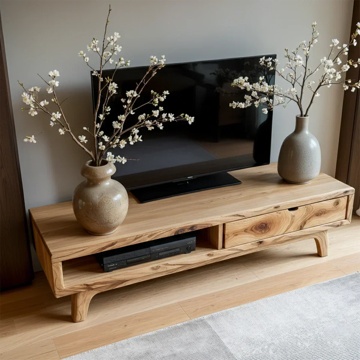 Solid Wood TV Stand – Wabi Sabi Media Console with Warm Natural Grain - Rustirawood