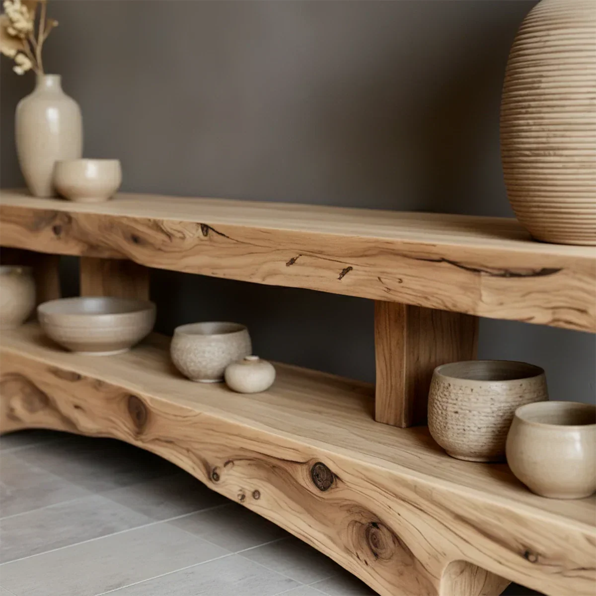 Solid Wood Wabi Sabi Console Table – Natural Finish Entryway & Living Room Shelf - Rustirawood