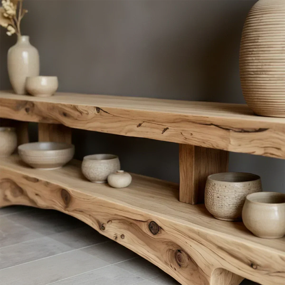 Solid Wood Wabi Sabi Console Table – Natural Finish Entryway & Living Room Shelf - Woodenecho