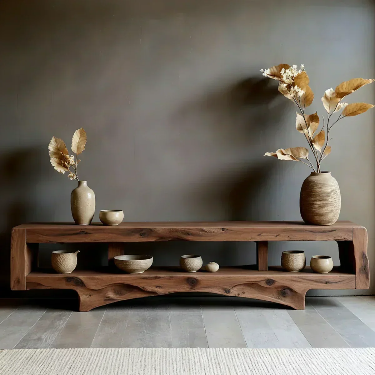 Solid Wood Wabi Sabi Console Table – Natural Finish Entryway & Living Room Shelf - Woodenecho