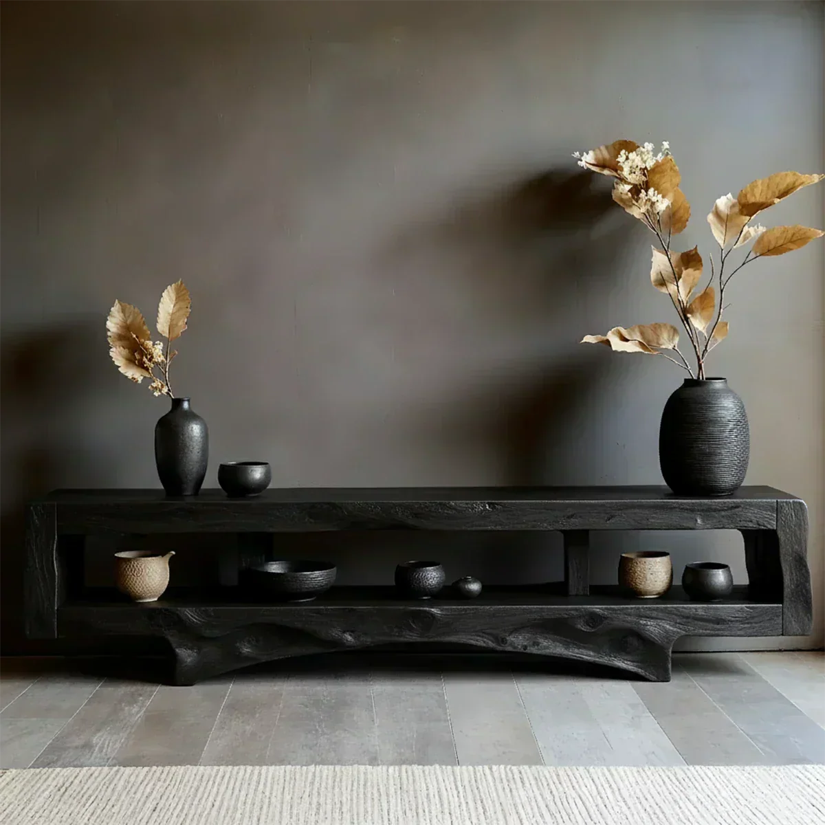 Solid Wood Wabi Sabi Console Table – Natural Finish Entryway & Living Room Shelf - Woodenecho