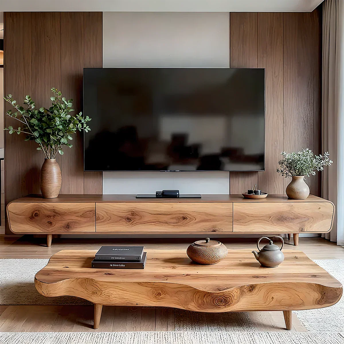 Solid Wood Wabi Sabi TV Stand – Natural Finish Media Console - Rustirawood