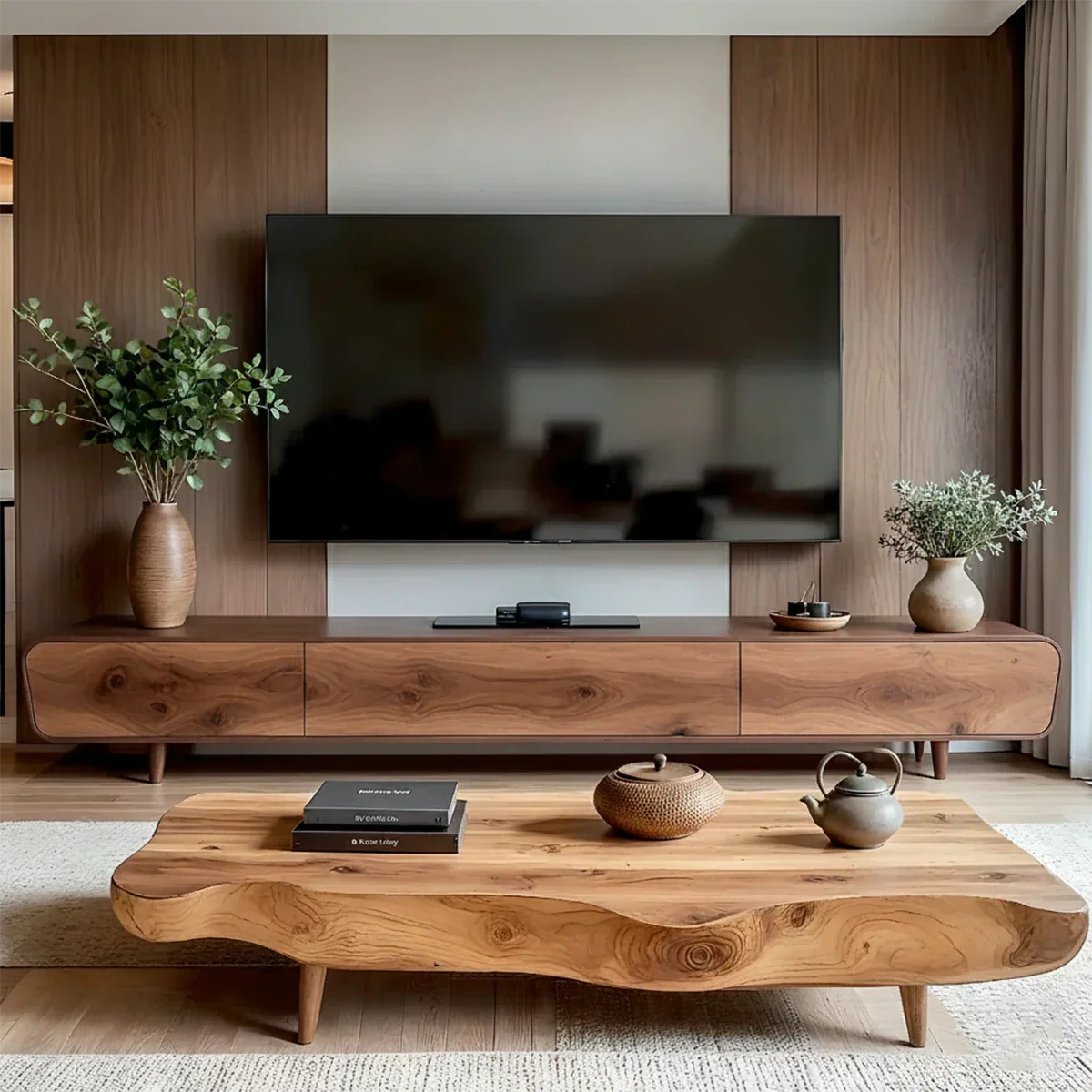 Solid Wood Wabi Sabi TV Stand – Natural Finish Media Console - Rustirawood