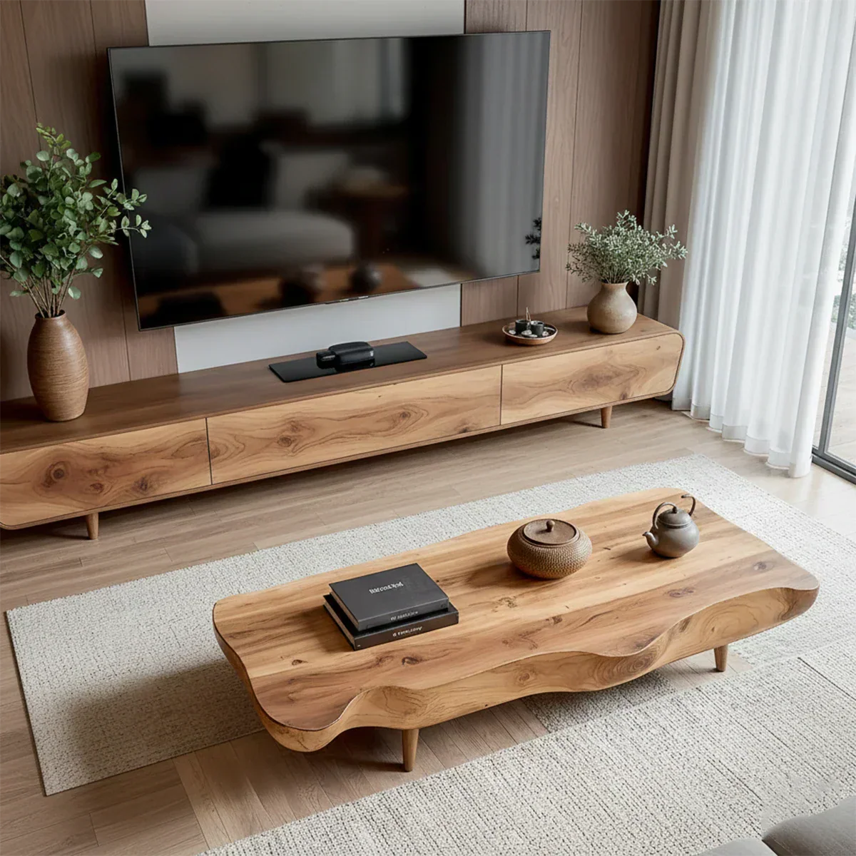 Solid Wood Wabi Sabi TV Stand – Natural Finish Media Console - Rustirawood