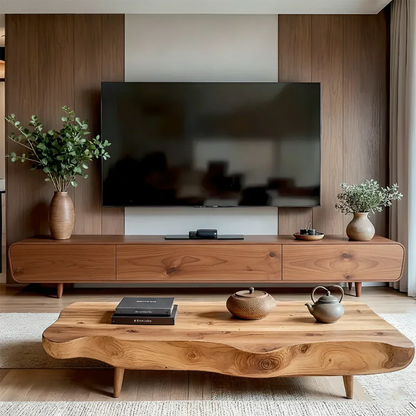 Solid Wood Wabi Sabi TV Stand – Natural Finish Media Console - Rustirawood