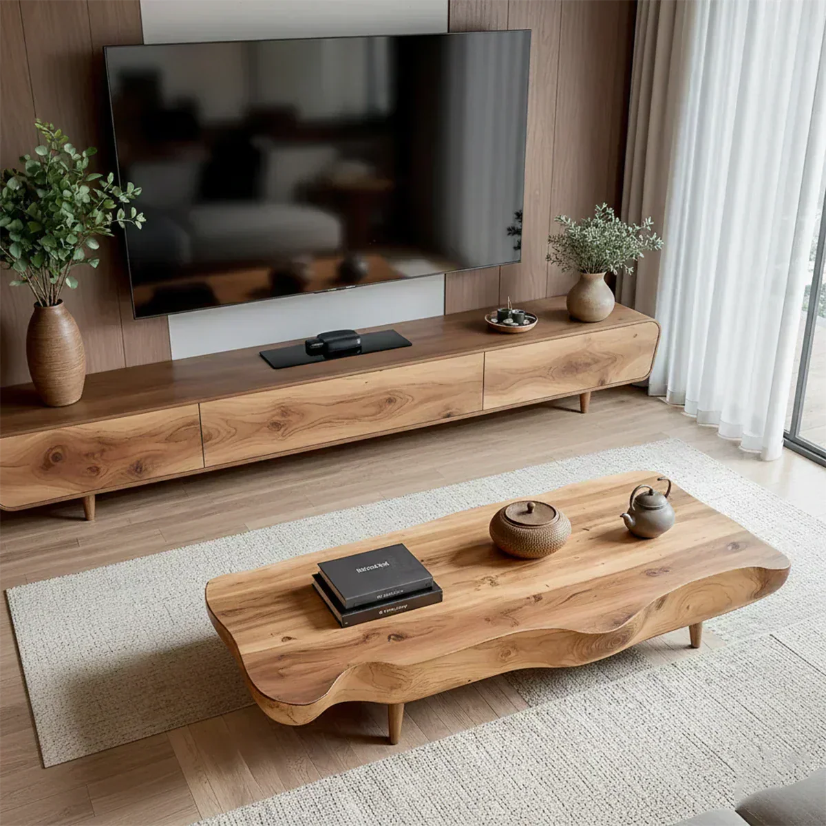 Solid Wood Wabi Sabi TV Stand – Natural Finish Media Console - Woodenecho