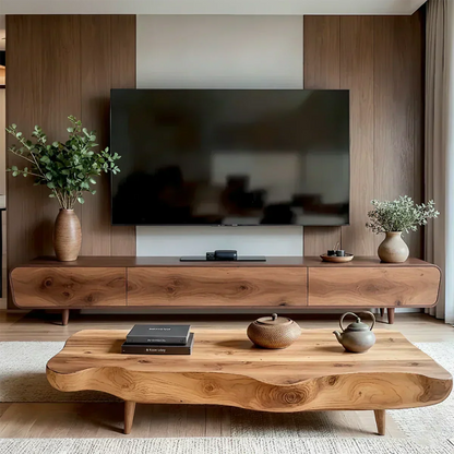 Solid Wood Wabi Sabi TV Stand – Natural Finish Media Console - Woodenecho