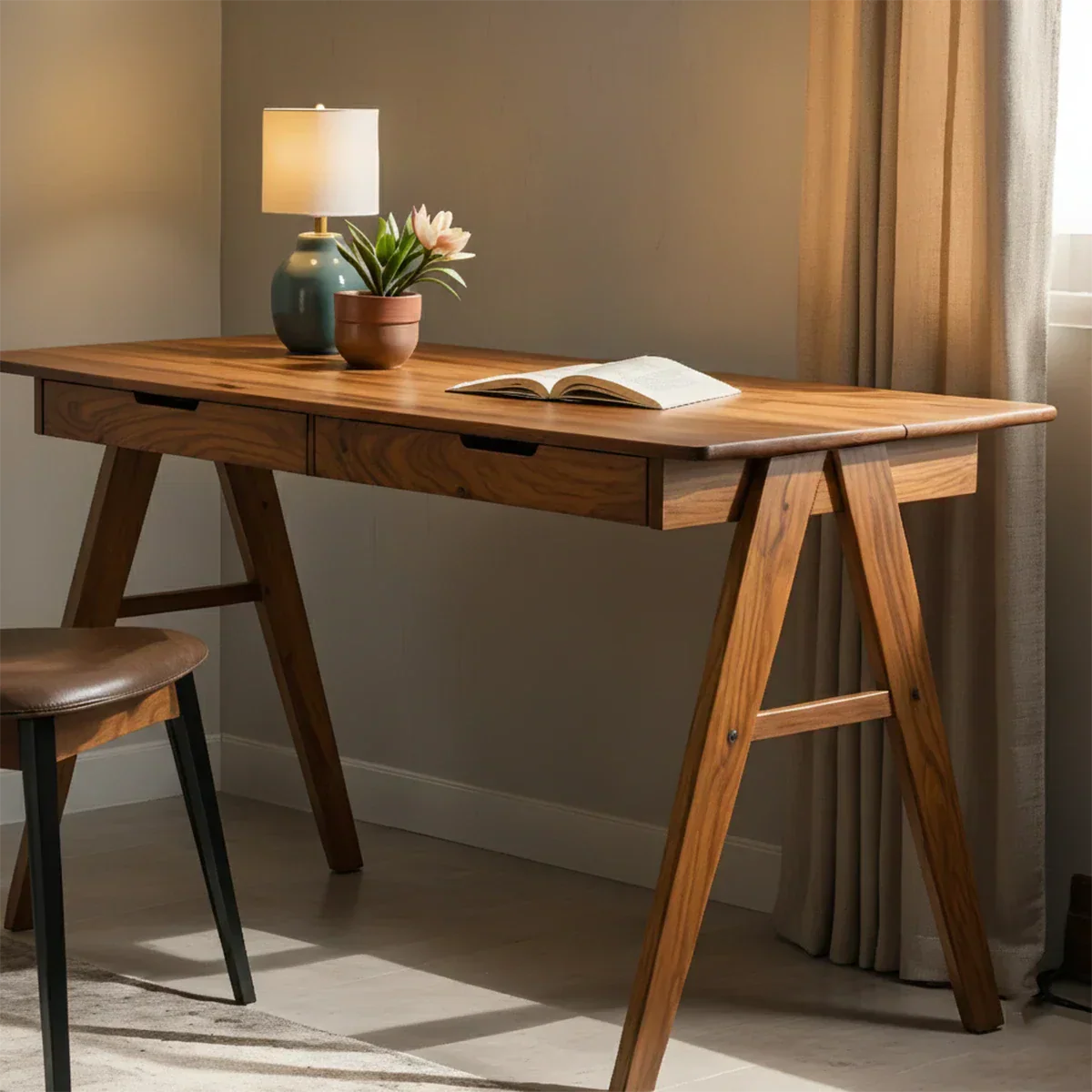Solid Wood Writing Desk with A-Frame Legs & Dual Drawers - Rustirawood