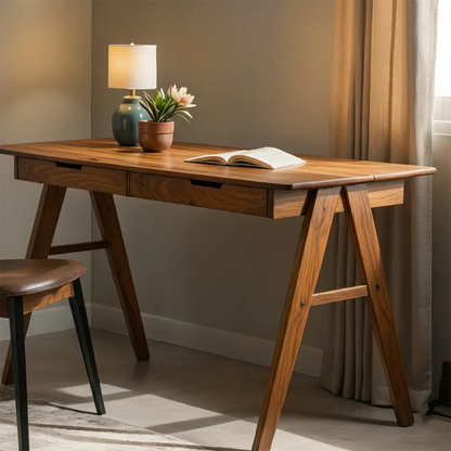 Solid Wood Writing Desk with A-Frame Legs & Dual Drawers - Rustirawood