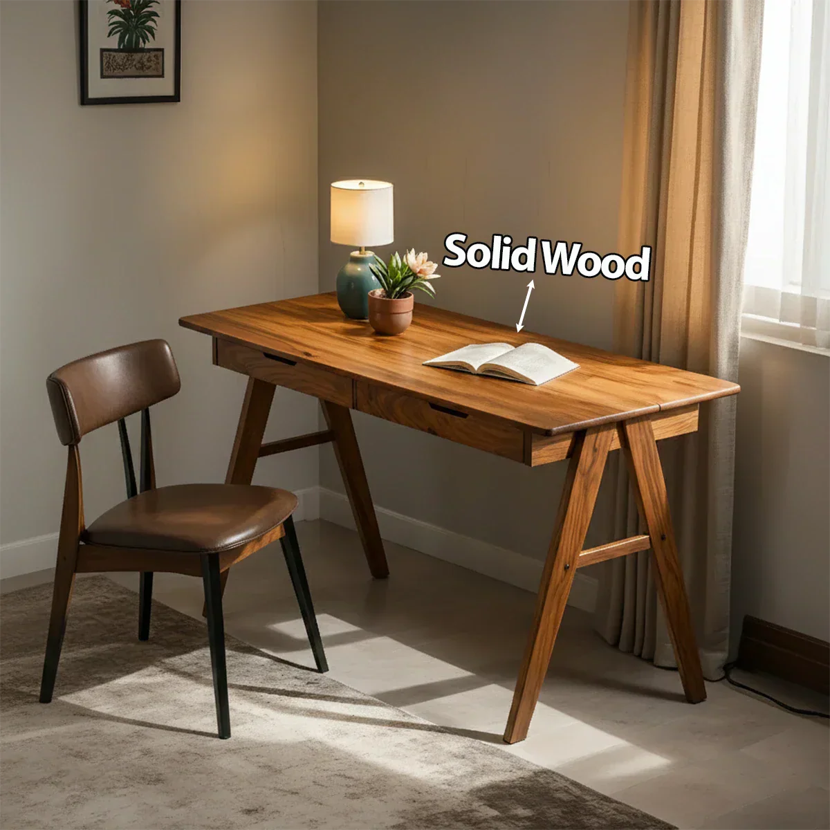 Solid Wood Writing Desk with A-Frame Legs & Dual Drawers - Rustirawood