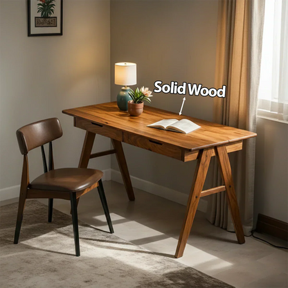 Solid Wood Writing Desk with A-Frame Legs & Dual Drawers - Rustirawood