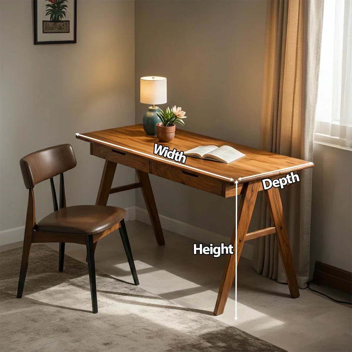 Solid Wood Writing Desk with A-Frame Legs & Dual Drawers - Rustirawood
