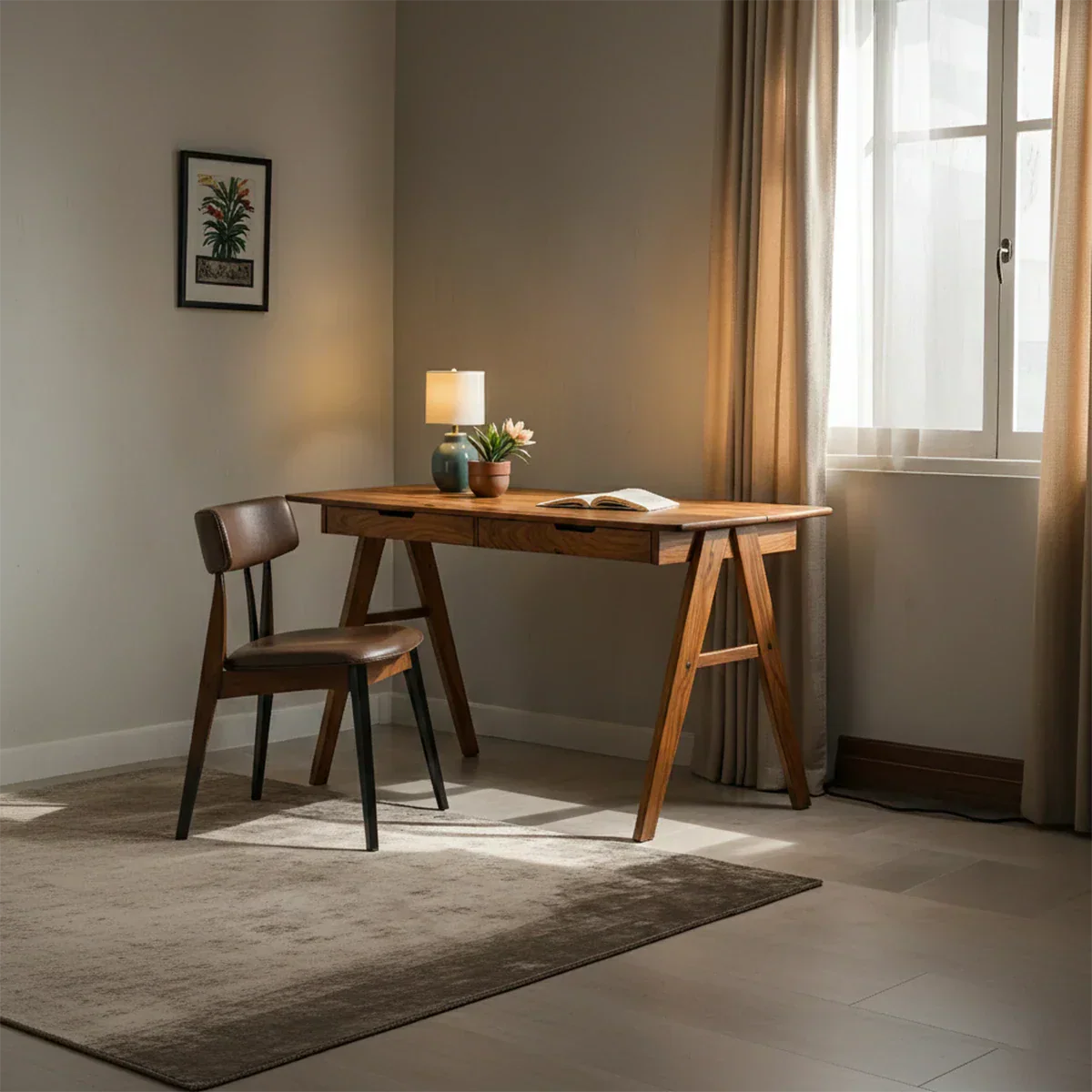 Solid Wood Writing Desk with A-Frame Legs & Dual Drawers - Rustirawood