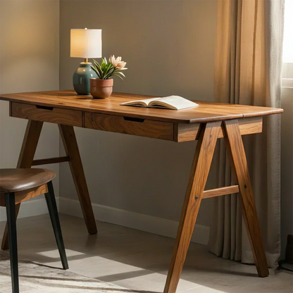 Solid Wood Writing Desk with A-Frame Legs & Dual Drawers - Woodenecho