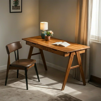 Solid Wood Writing Desk with A-Frame Legs & Dual Drawers - Woodenecho