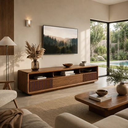 TV Stand with Fluted Storage Doors and Open Display Nooks in Natural Solid Wood - Rustiracraft