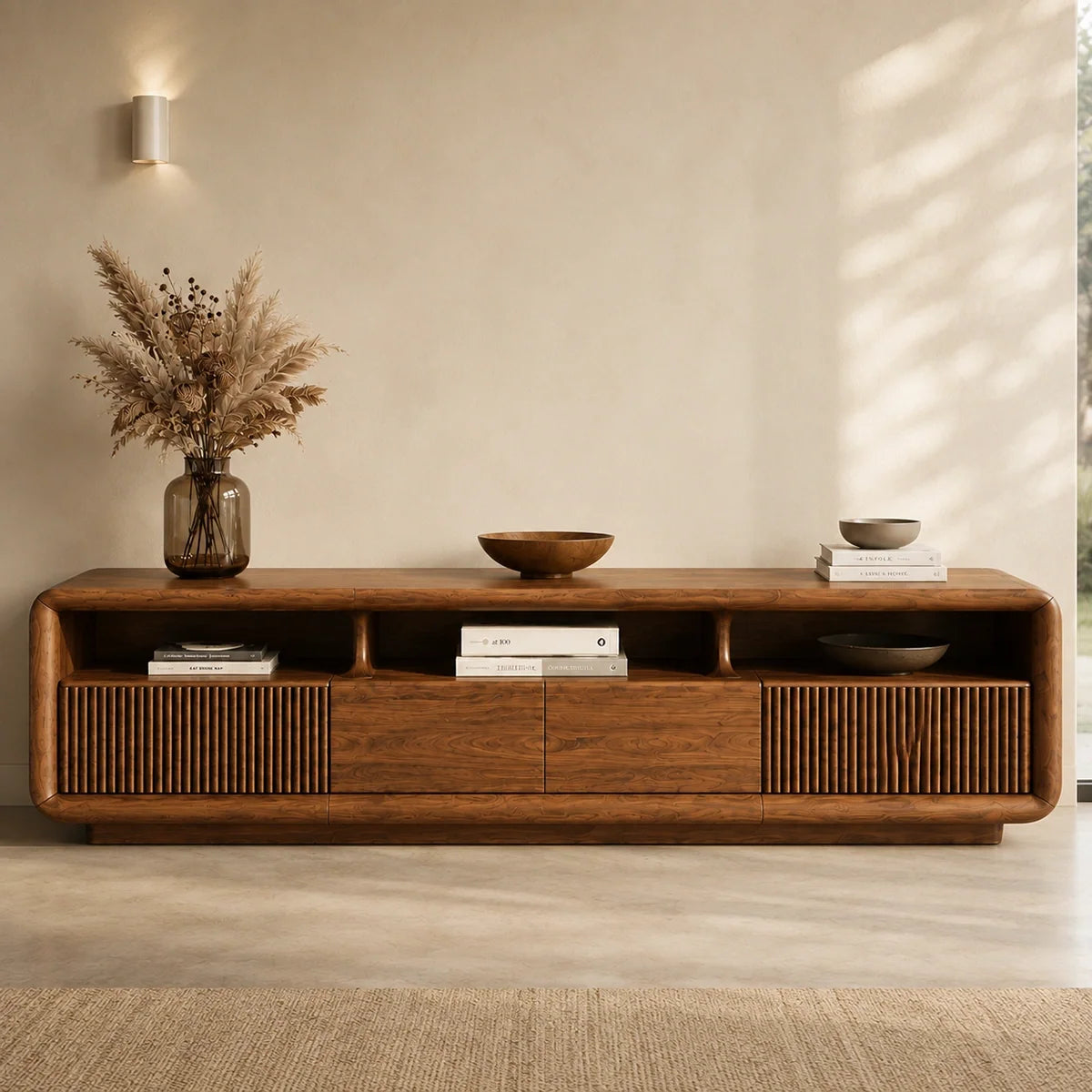 TV Stand with Fluted Storage Doors and Open Display Nooks in Natural Solid Wood - Rustiracraft